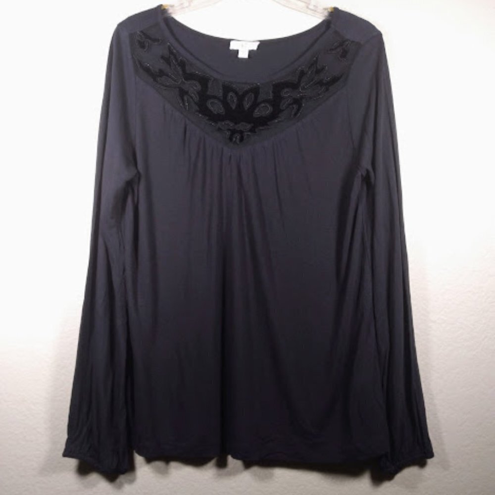 Womens long sleeve Black Top by C with Decorative Neckline Size: Medium